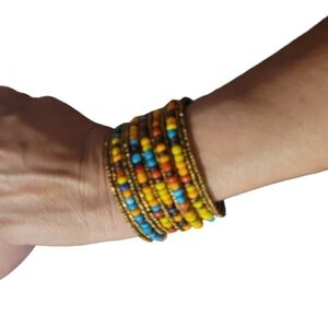 CUFF bracelet beaded vintage 80s multicolor copper tone cuff thick substantial